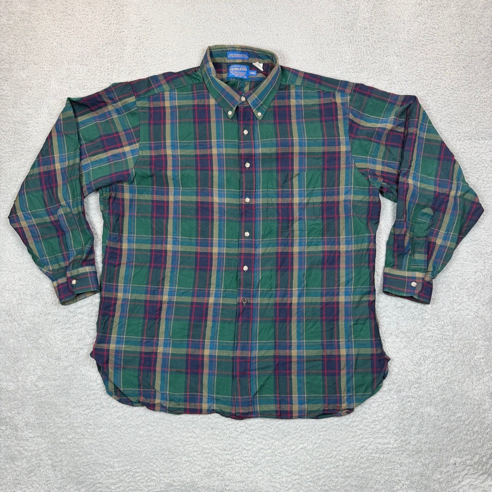 Vintage 80s Pendleton Wool Plaid Button Down Shirt Mens XXL Long Green Blue USA